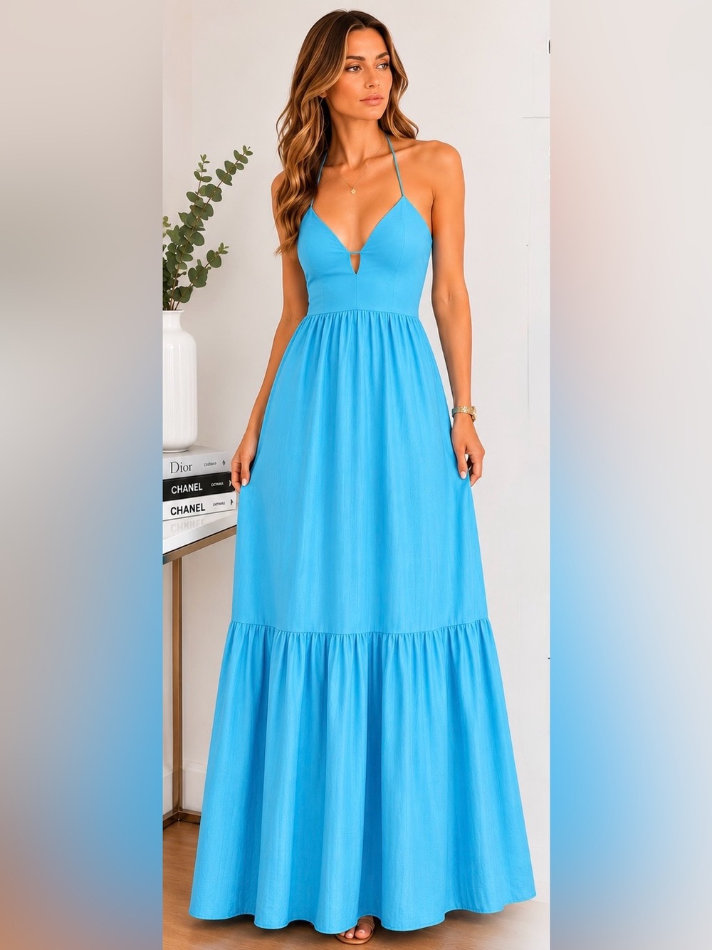 NWT Forever 21 Aqua Blue Halter Maxi Dress | Open Back Tie | Size S